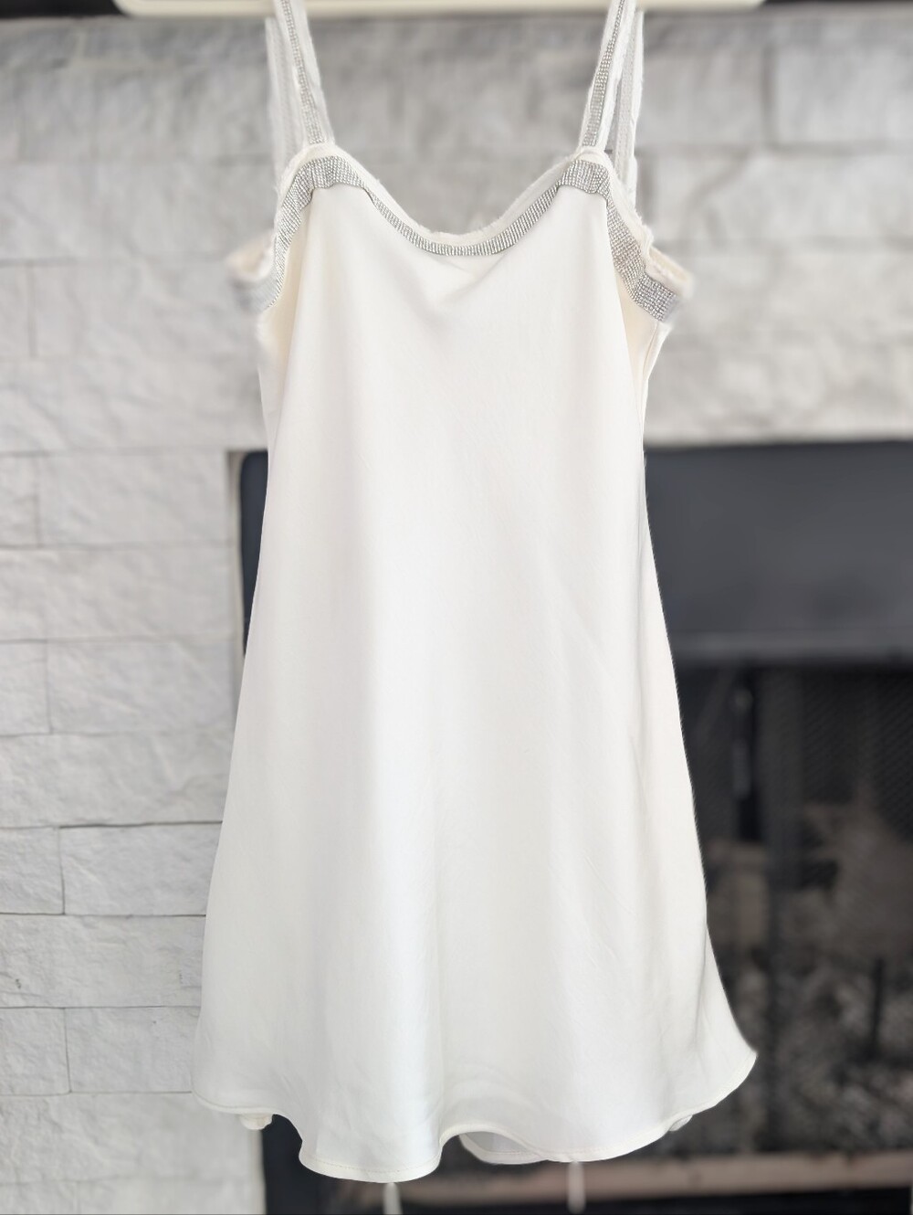 Zara Cream Satin Slip Dress with Silver Embellishments.
